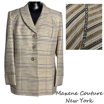 Maxene Couture Metallic Gold Silver Striped Rhinestone Trimmed Jacket Size 10 • $68