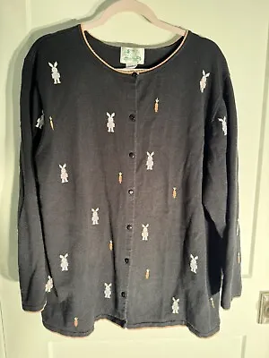 Quacker Factory Black Easter Cardigan Sweater Bunny Rabbit & Carrots 1X • $39.99