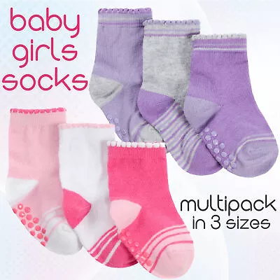 Newborn Baby Girls Socks Mid Calf Anti Slip Grip Multipack 3 6 Pairs 0-18 Months • £3.95