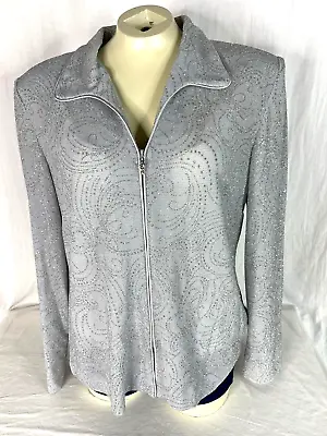 Alex Evenings Sparkly Silver Jacket Womens Size XL Metallic Full Zip Long Sleeve • $39