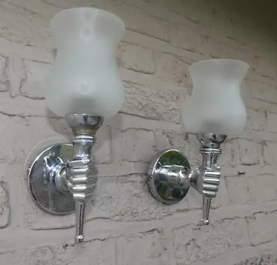 PAIR Vintage 1970 Metal Chrome Opaline Hand Sconces Wall Lights Maison Jansen • $696.50