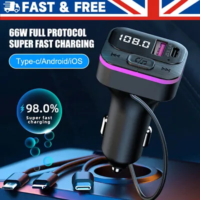 Car Bluetooth Transmitter Adapter FM Radio USB PD Type C Fast Charger HandsFree • £10.89