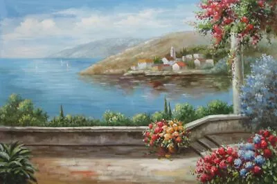 24x36 Patio Red-Roof House Flower Gardens Of Mediterranean Coast Oil Painting • $75