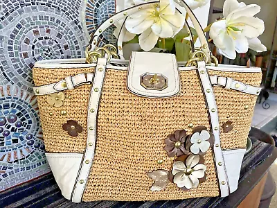 COACH HAMPTON FLORAL APPLIQUE STRAW White Leather TOTE SHOULDER BAG • $105