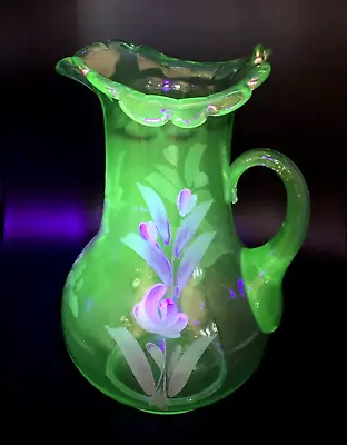 Antique Uranium Vaseline Glass Pitcher Hand Painted 10.5  Tall Applied Handle • $175