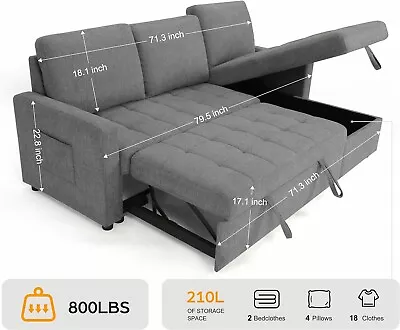 Sleeper Sofa Pull Out Couch Bed With Storage Chaise L Shaped Sectional Couch@ • $618.99