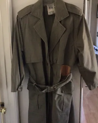 Vintage Together! Women's Military Style Trench Coat Green Leather Trim Size 6 P • $54.75