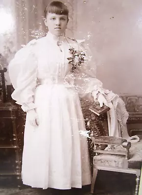 Cabinet Card Photo- Philadelphia PA. - Girl In Beautiful Communion Dress Chair • $5.25