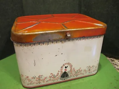 Vintage Tin Bread Box Red Floral Pattern Hinged Lid 14”x9”x9” Country Decor • $15