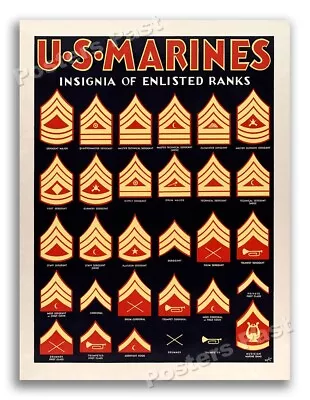 1940s US Marines Insignia Illustrated Vintage Style WW2 Poster - 18x24 • $13.95