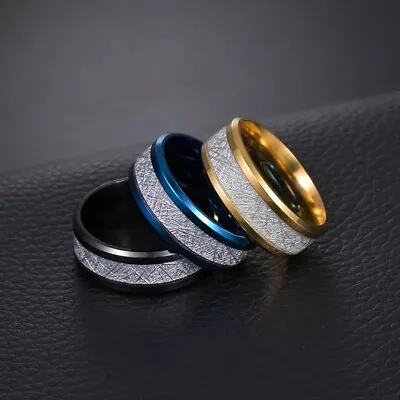 Men's Ring Meteorite Inlay Titanium Steel Wedding Fashion Band 8mm Silver • £3.99