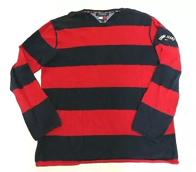 VTG TOMMY HILFIGER Red & Blue Striped Sweater Men's Size Large Made In Hong Kong • $15.96