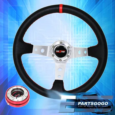 Godsnow Deep Dish Black Steering Wheel Silver Center + Red Slim Quick Release • $50.99
