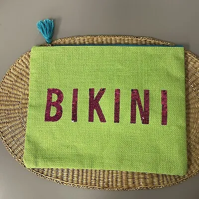 Mud Pie Travel Bag Green Jute Pink Sequined Bikini Cosmetic Bag Zip W/ Tassel • $10.79