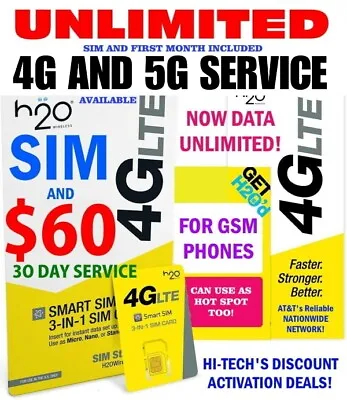 H2O SIM AND $60 CREDIT ⭐ 1st MONTH INCLUDED ⭐ UNLIMITED TALK TEXT AND DATA ! ⭐ • $49.95