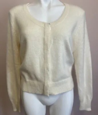 VTG B Moss Y2K Crop Ivory Fuzzy Angora ￼ Scoop Neck Snap Cardigan Sweater L • $25