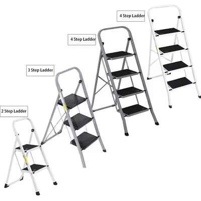 Steel Folding 2/3/4 Step Ladder Step Stool Wide Anti-Slip Pad Ladder White/Grey • $35.58