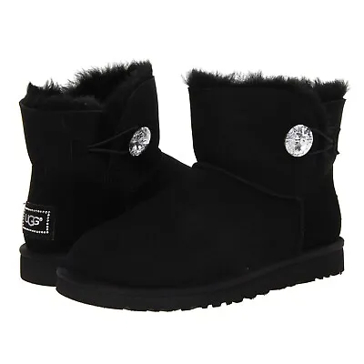 UGG Mini Bailey Button Bling 1016554 Black Sheepskin Swarovski Winter Boots • $130