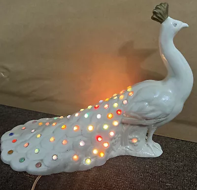 $110 • Buy Vintage Ceramic Peacock Table TV Lamp Holland Mold - WORKING White Pearlescent