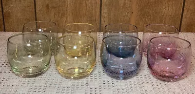 Vintage 8 Piece Bubble Glasses Iridescent Glass Pink Green Yellow Blue Stemless • $145