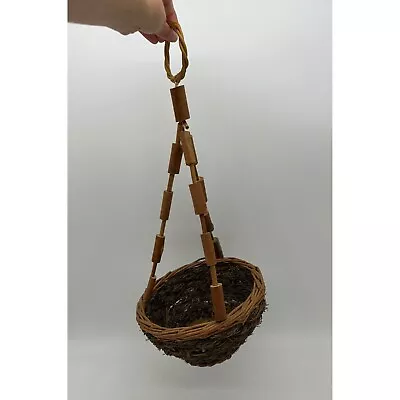 Vintage Hanging Basket Planter Wood Beads Flower Pot Boho Farmhouse Cottagecore • $16