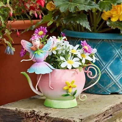 Teapot Fairy Garden Ornament Outdoor Pixie Decoration Metal Flower Plant Pot • £11.99