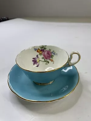 Aynsley England Baby Blue Hand Painted Gold Flower Tea Cup Saucer Bone China • £28.38