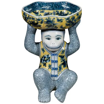 US Seller - Blue And Yellow Chinese Porcelain Monkey Holding Lotus Dish • $188