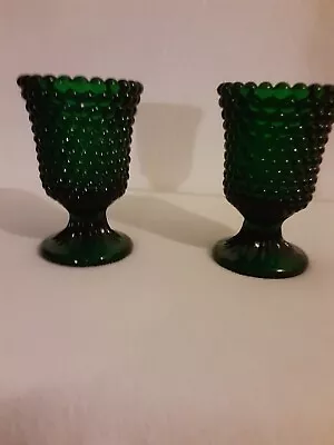 Vintage Pair Emerald Green Glass Hobnail Votive Candle Holders On Pedestal  • $18.99