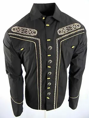 Mens Western Shirt Floral Horseshoe Embroidery Front Back Rodeo Cowboy Button Up • $19.95