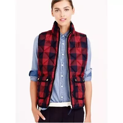 J. Crew Women's Excursion Quilted Puffer Vest Red Buffalo Check Plaid Preppy XS • $19.50