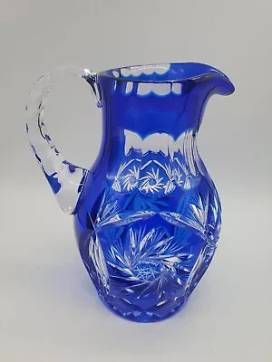 Vintage Cobalt Blue Moser Cut Czechoslovakian Crystal Pitcher Superb Condition • $125