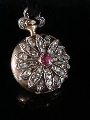 Victorian French 18ct Old Cut Diamond Ruby Pocket Watch Pendant • £2495