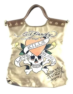 Ed Hardy By Christian Audilier Large Gold Purse Tote Bag Casual Everyday Travel • $14