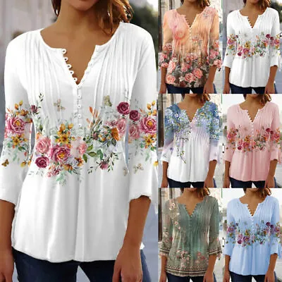 Womens V-Neck Floral Tops T-Shirts Ladies Summer Casual Blouse Tee Plus Size • £14.89