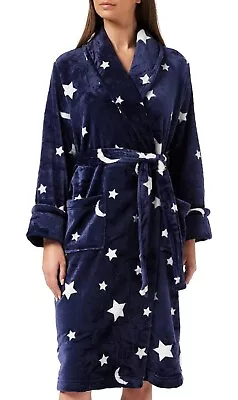 Iris & Lilly Bathrobe Women's Long Velour Stars Bathrobe UK 14 -16 Blue *SALE* • £9.95