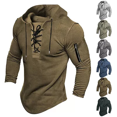 Mens Lace Up Hooded T-Shirt Tops Long Sleeve Tactical Combat Muscle Slim Shirts • $24.19