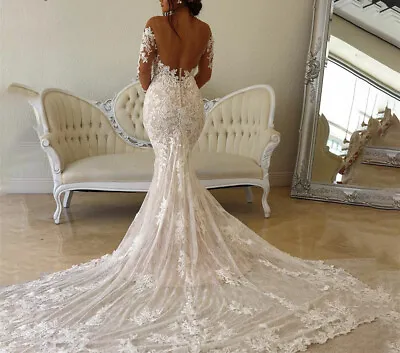 Mermaid Wedding Dress Illusion Bodice Long Sleeve Sheer Neck Applique Bride Gown • $148.90