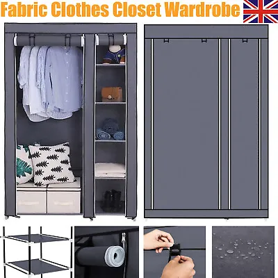 Portable Fabric Wardrobe Clothes Closet With 2 Hanging Rails & Storage Shelves • £16.89