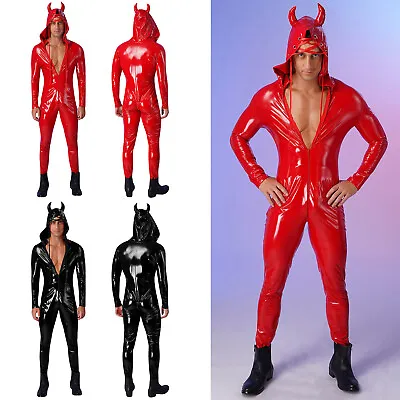 Men Bodysuit Patent Leather Jumpsuit Full Length Hooded Nightclub Catsuit Show • £24.23