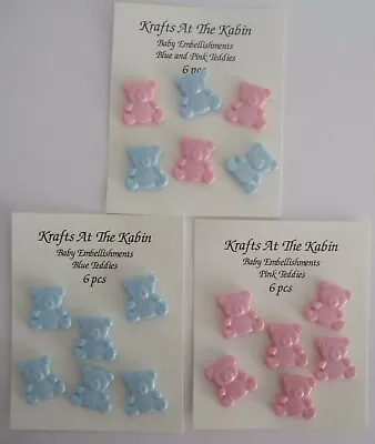 6 Baby Teddy Embellishments Flatback Pink And Blue Card And Craft Embellishment • £2.95