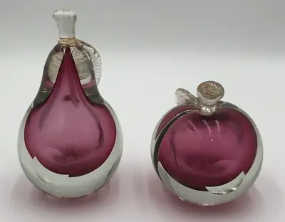 MURANO Glass Apple & Pear Bookends Dark Pink/Clear With Gold Flecks *Repaired • $49.99