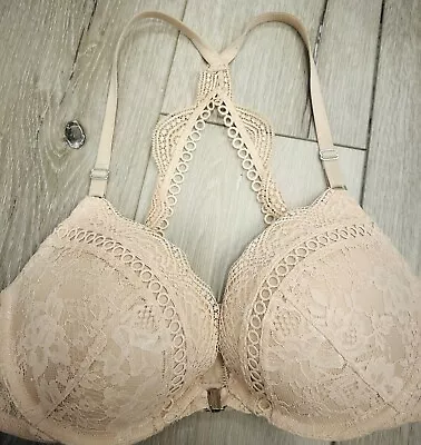 Victoria Secret Bra 38B Tan Lace Shimmer Dream Angels Push Up Padded Underwire • $19.88