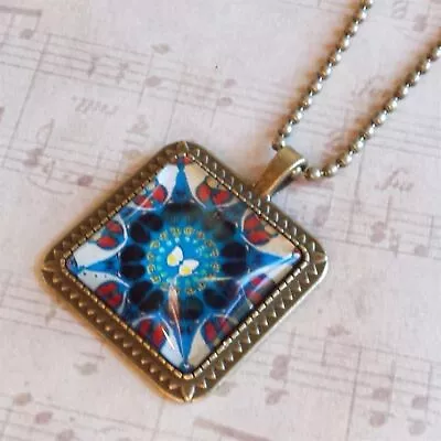 Blue Butterfly Nature Mandala Square Antiqued Brass Glass 27  Long Necklace • $24.95