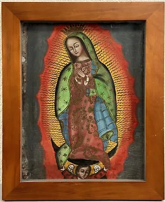 Vintage Mexican Folk Art Virgin Mary Land Our Lady Of Guadalupe Retablo Painting • $450