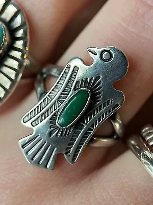 Vintage Fred Harvey Sterling Silver Turquoise Southwest Thunderbird Ring 6 3/4 • $125