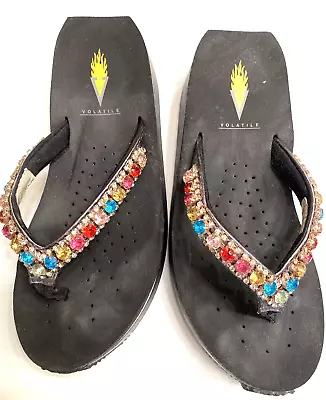 VOLATILE Platform Wedges/Sandals Womens Studded Bling  Size 6 Black Flip Flops • $11.50