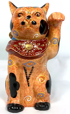 Maneki Neko Kutani Beckoning Cat Hand Painted Moriage Antique 8.25  Left Paw Up • $194.99