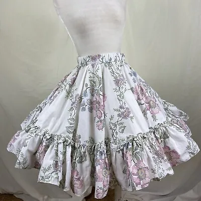 $36 • Buy Square Dance Skirt Ivory Cross-Stitch Floral Print Ruffled Hem 