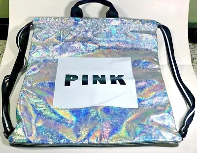 BLING Victoria Secret Pink Iridescent Silver Holographic Drawstring Backpack Bag • $21.99